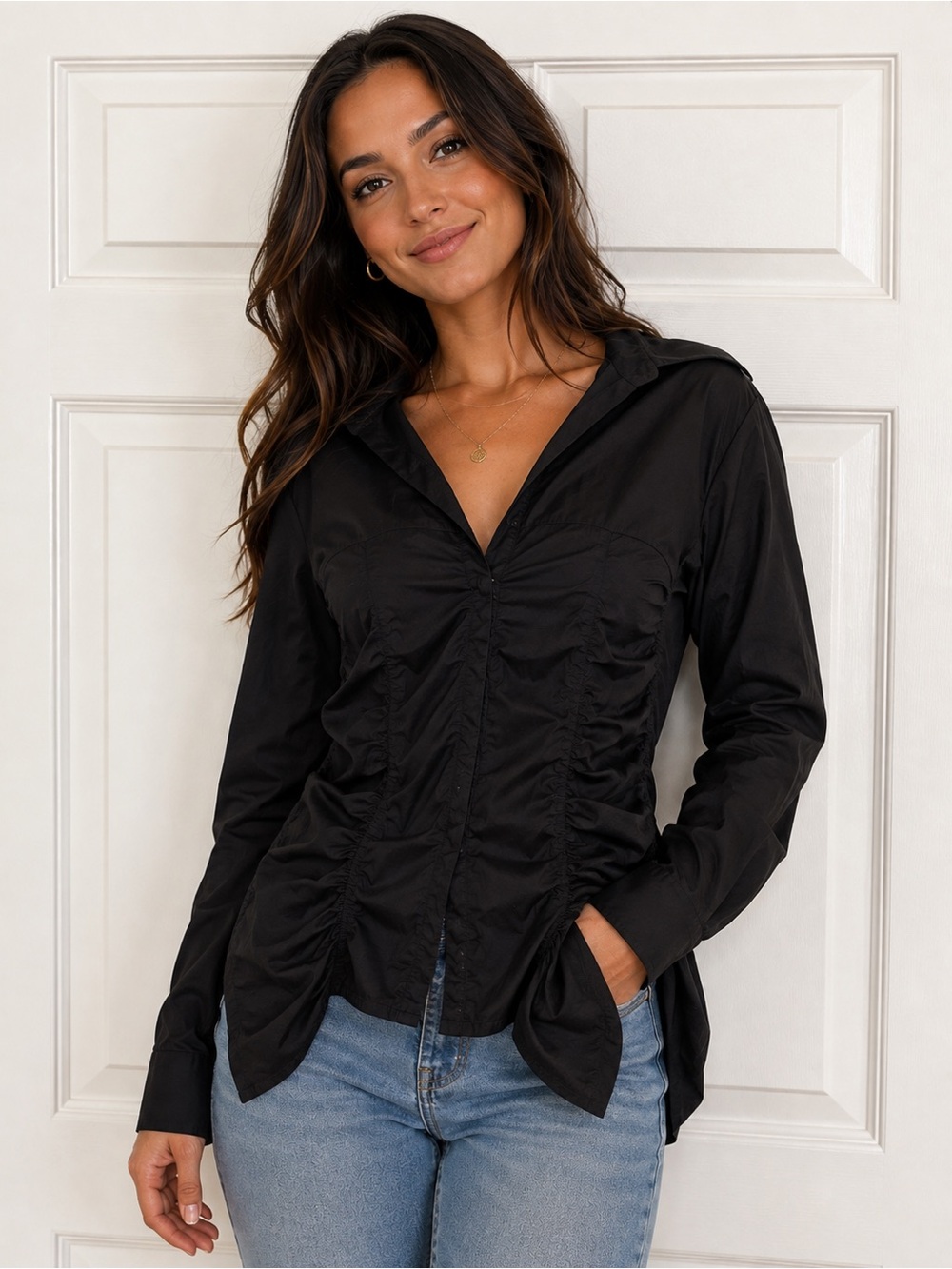 Women's Black Button-Down Shirt with Ruched Front